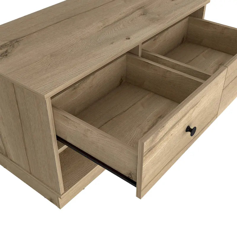 Storage Bench with Two Drawers and Lower Shelf, Light Oak Finish