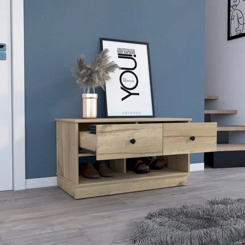 Storage Bench with Two Drawers and Lower Shelf, Light Oak Finish