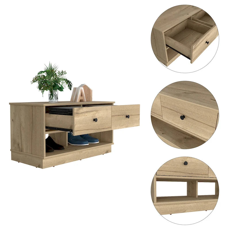 Storage Bench with Two Drawers and Lower Shelf, Light Oak Finish