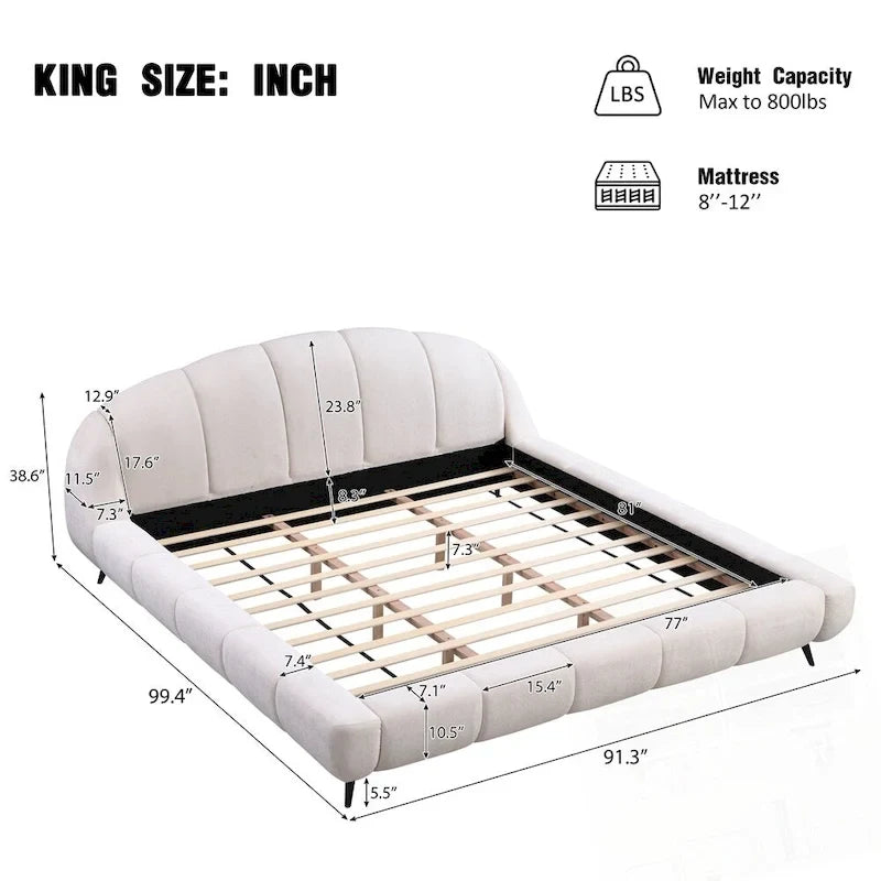 Cama de plataforma king estofada em chenille, com cabeceira em forma de concha