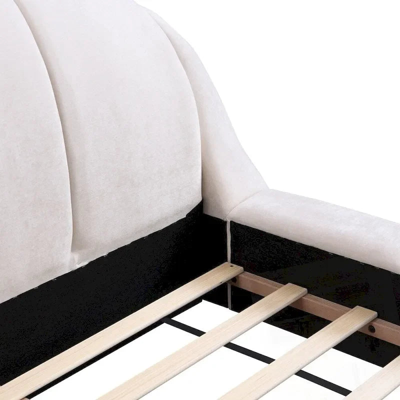 Cama de plataforma king estofada em chenille, com cabeceira em forma de concha