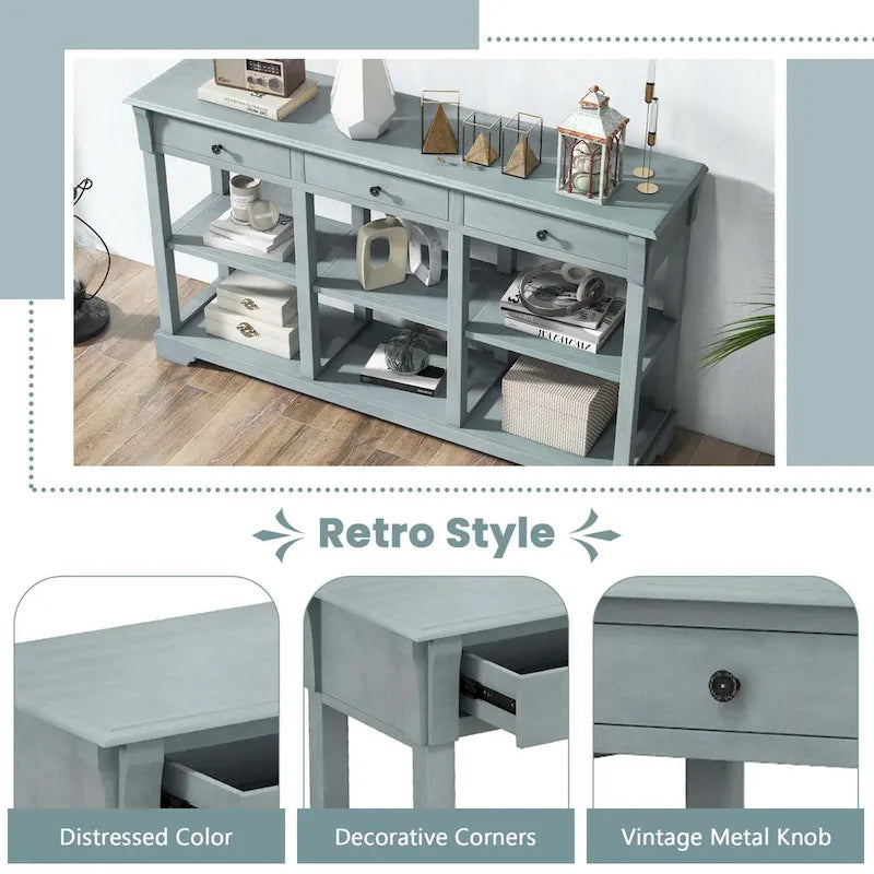 Retro-Konsolentisch mit 58 Zoll Länge, 3 Schubladen und offenen Regalfächern
