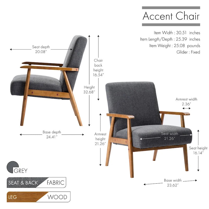 Fabric Accent Chair with Rubberwood Legs and Armrests