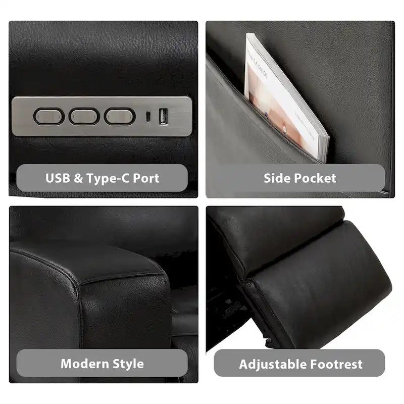 Power Reclining Sofa with Leather Seating, USB-C and Adjustable Headrests