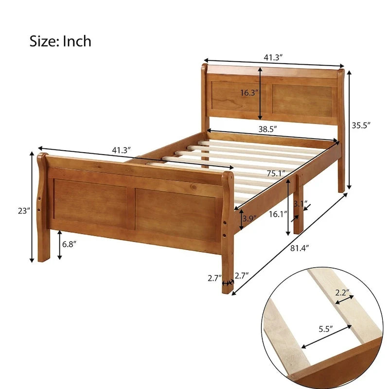 Wood Twin Sleigh Bed with Headboard and Footboard