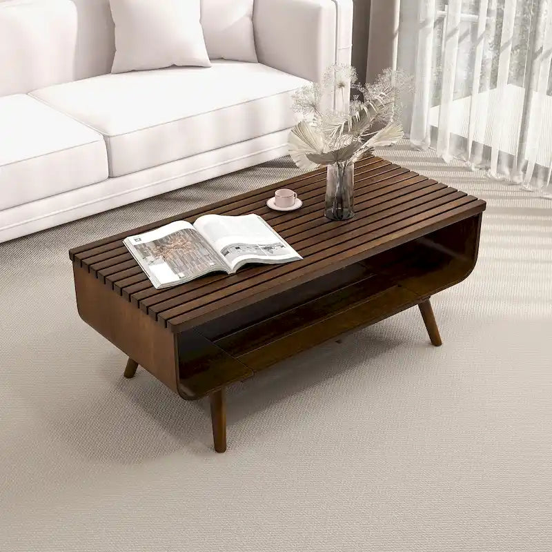 Mid-Century Rectangular Solid Wood Coffee Table in Brown