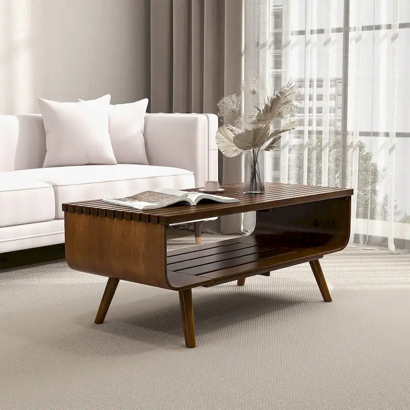 Mid-Century Rectangular Solid Wood Coffee Table in Brown