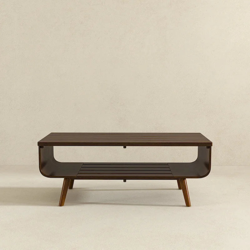 Mid-Century Rectangular Solid Wood Coffee Table in Brown