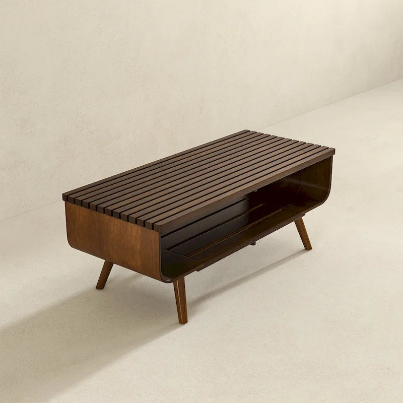 Mid-Century Rectangular Solid Wood Coffee Table in Brown