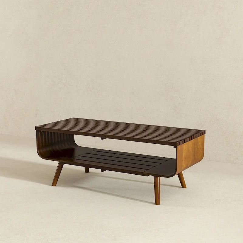 Rechteckiger Couchtisch aus massivem Holz im Mid-Century-Stil, Braun