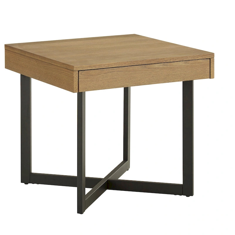 Wood-Finish End Table with Drawer and Metal Base
