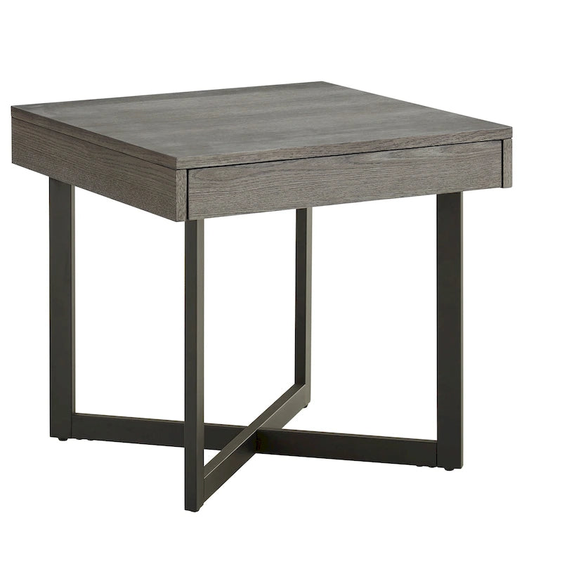 Wood-Finish End Table with Drawer and Metal Base