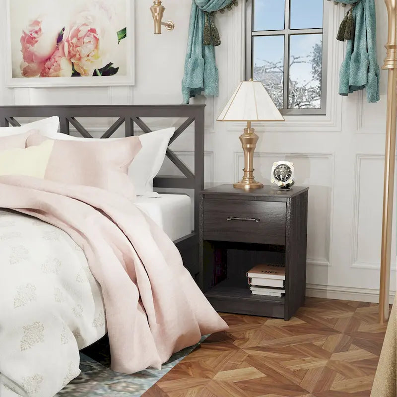 Wooden Nightstand with Drawer and Open Storage Shelf