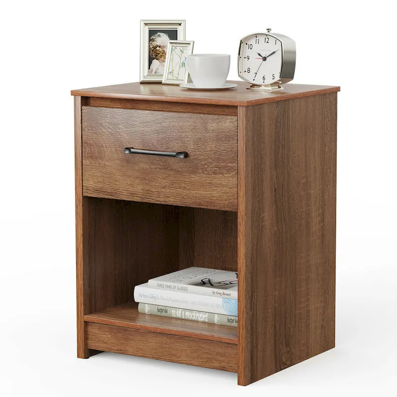 Houten nachtkastje met lade en open opbergplank