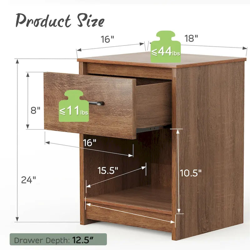 Houten nachtkastje met lade en open opbergplank