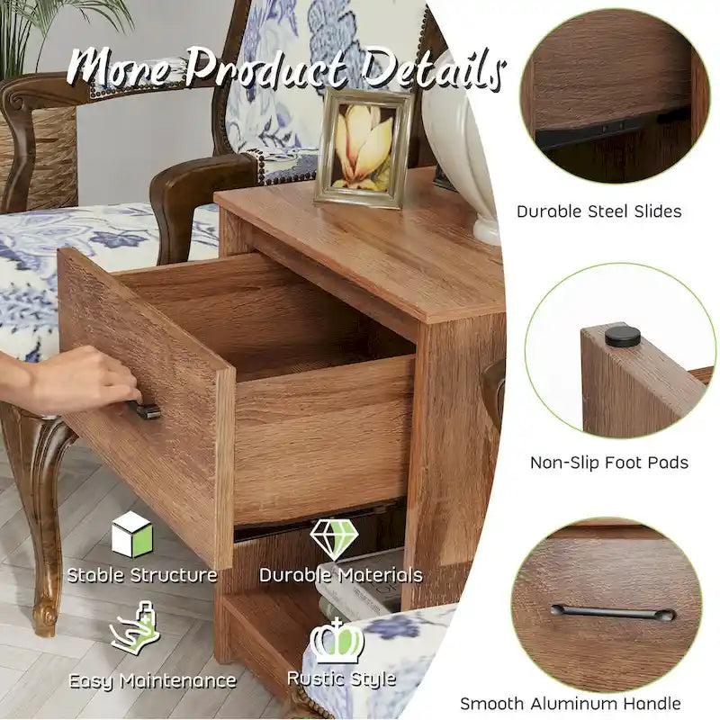 Houten nachtkastje met lade en open opbergplank