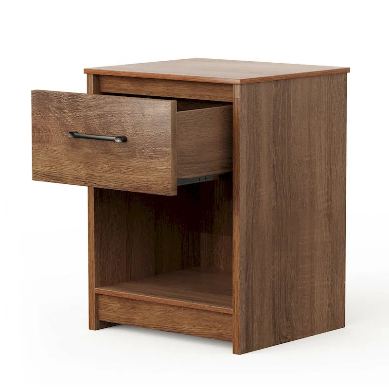 Houten nachtkastje met lade en open opbergplank