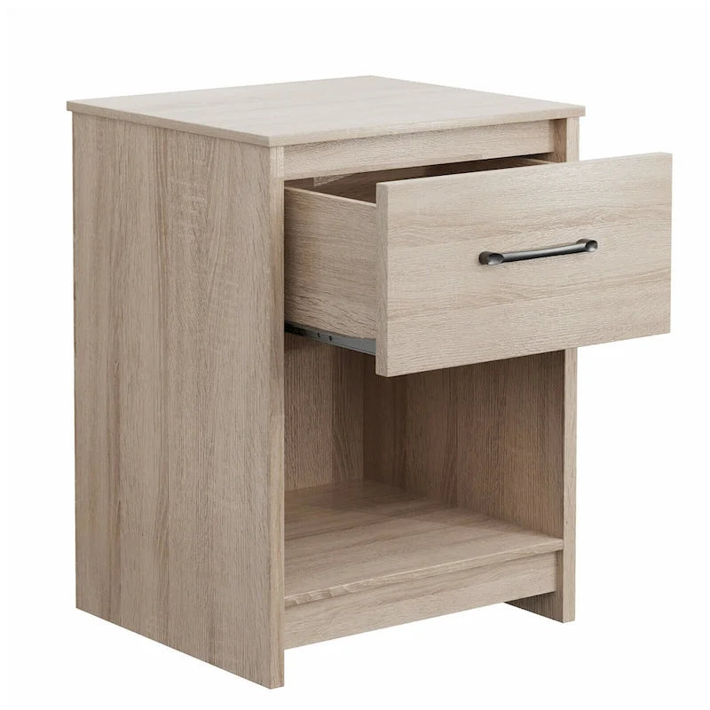 Houten nachtkastje met lade en open opbergplank