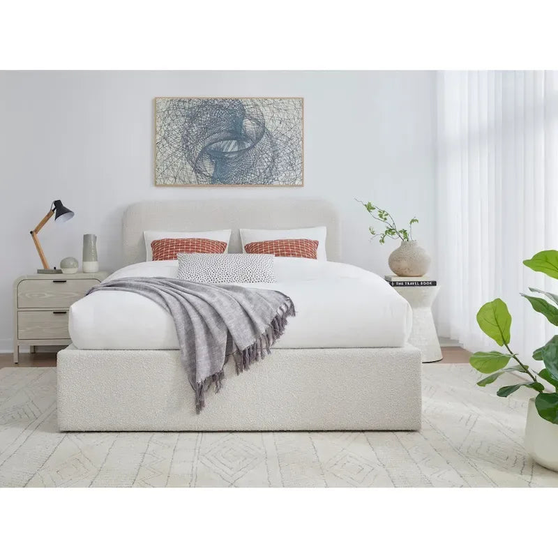 Off-White Bouclé Upholstered Platform Bed