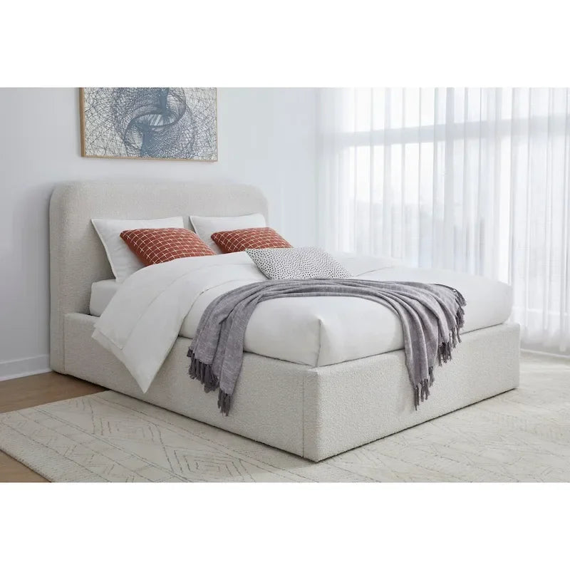 Off-White Bouclé Upholstered Platform Bed
