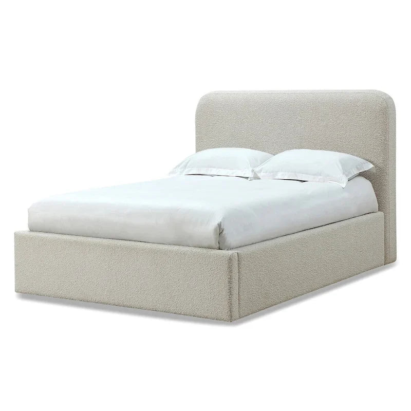 Off-White Bouclé Upholstered Platform Bed
