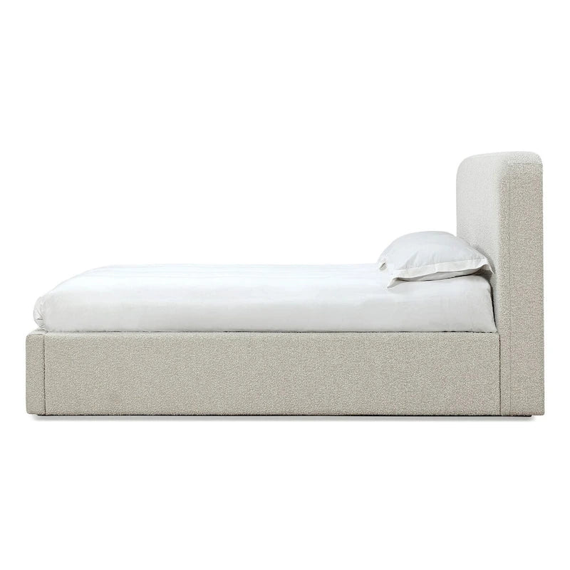 Off-White Bouclé Upholstered Platform Bed