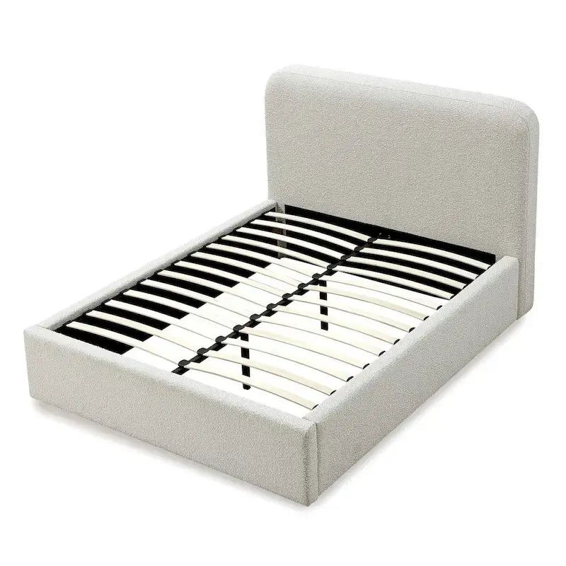 Off-White Bouclé Upholstered Platform Bed
