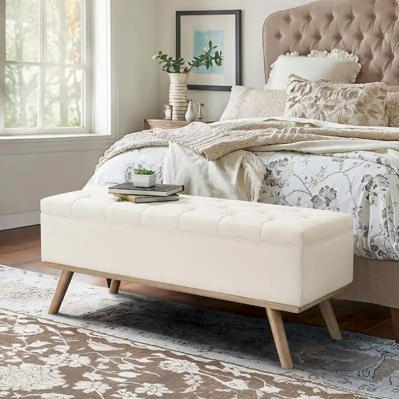 Button-Tufted Linen Storage Ottoman Bench with Flip Top