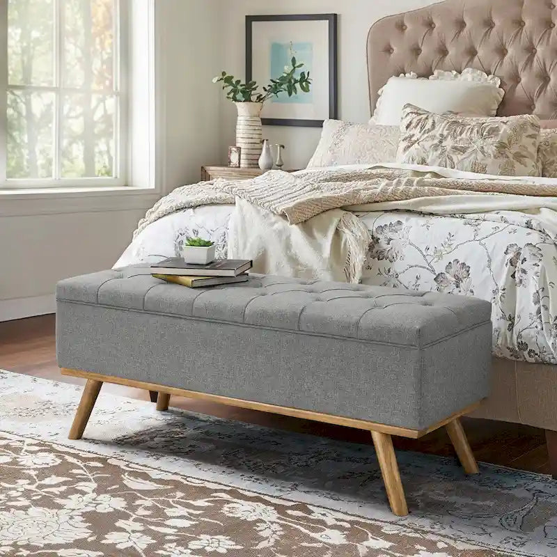 Button-Tufted Linen Storage Ottoman Bench with Flip Top