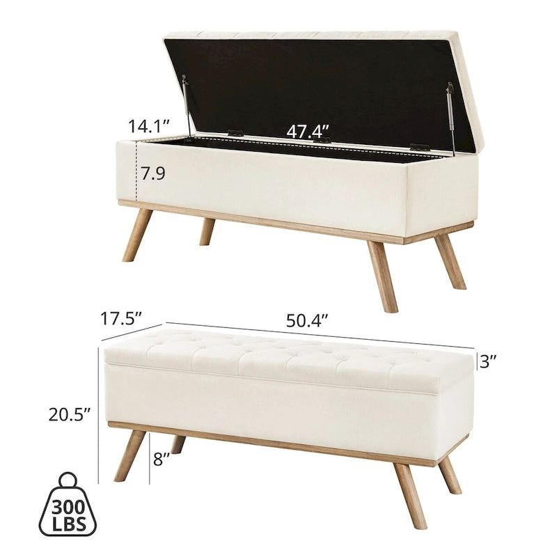 Button-Tufted Linen Storage Ottoman Bench with Flip Top