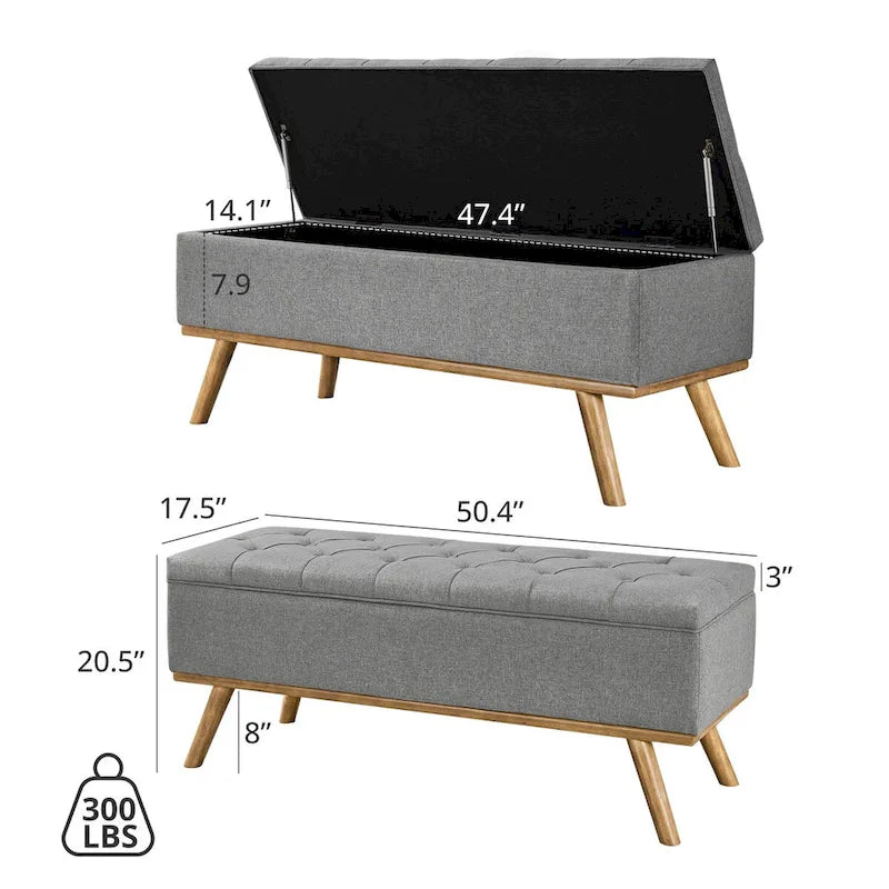 Button-Tufted Linen Storage Ottoman Bench with Flip Top