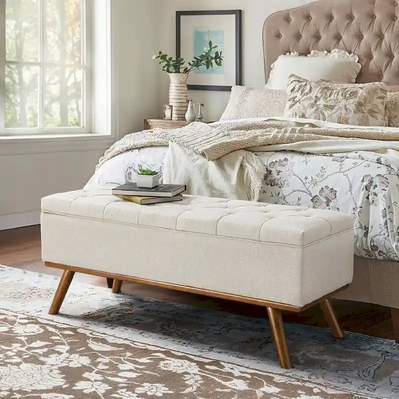 Button-Tufted Linen Storage Ottoman Bench with Flip Top