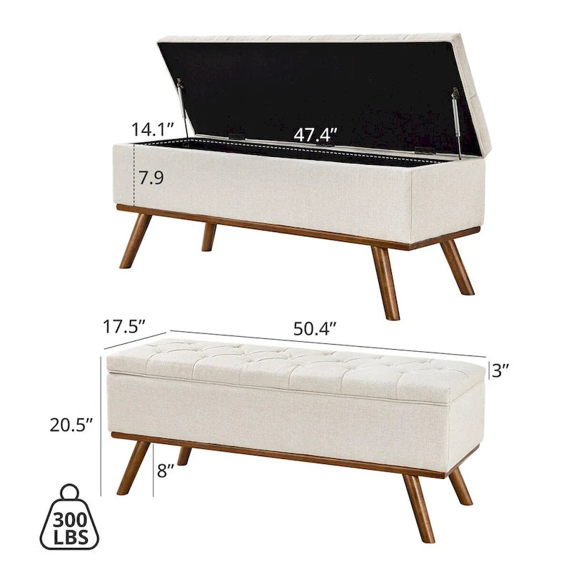 Button-Tufted Linen Storage Ottoman Bench with Flip Top