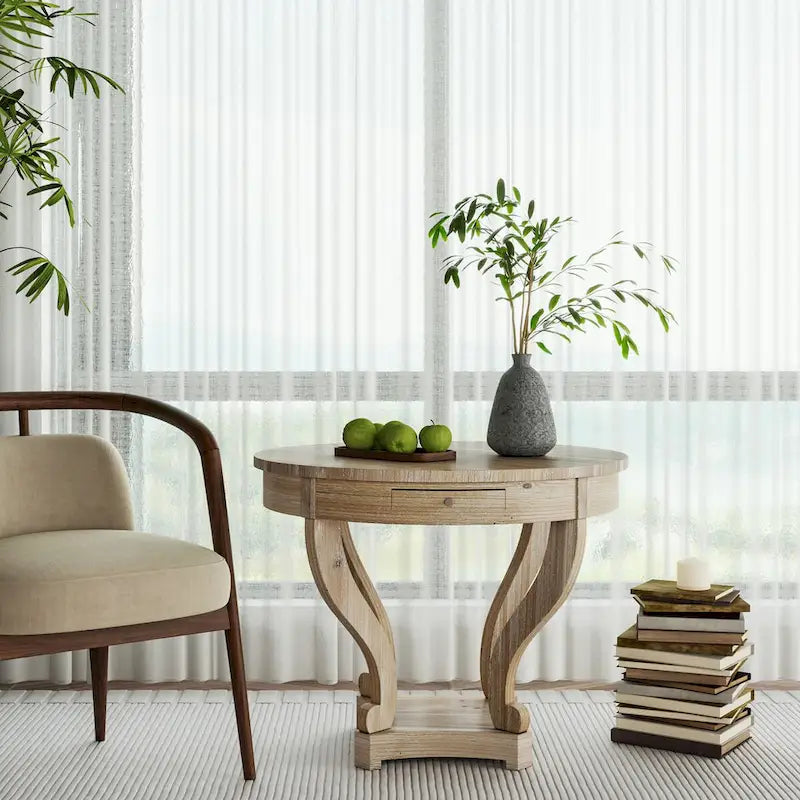 Farmhouse Round Dining Table for Two with Fir Wood Veneer