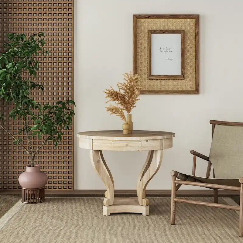 Farmhouse Round Dining Table for Two with Fir Wood Veneer