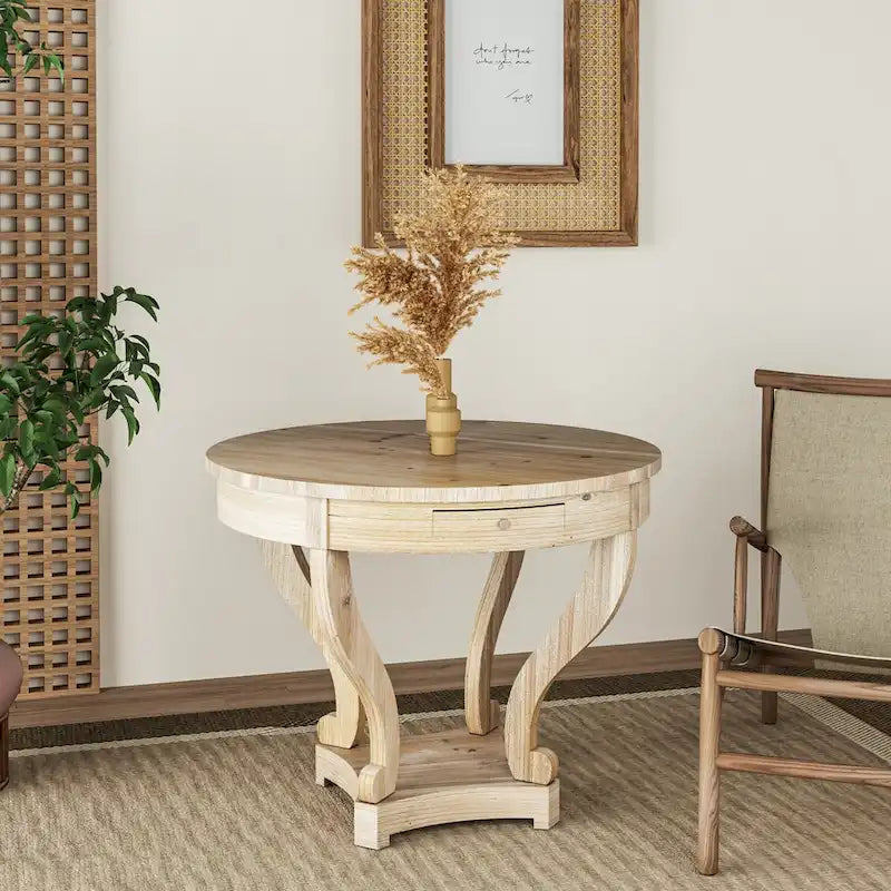 Farmhouse Round Dining Table for Two with Fir Wood Veneer