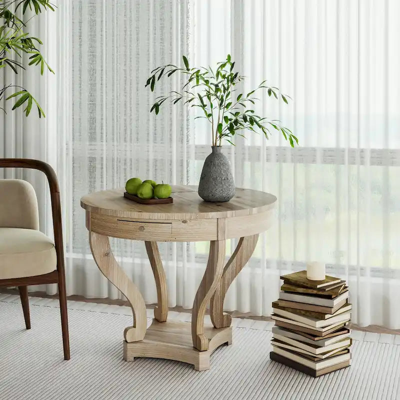 Farmhouse Round Dining Table for Two with Fir Wood Veneer