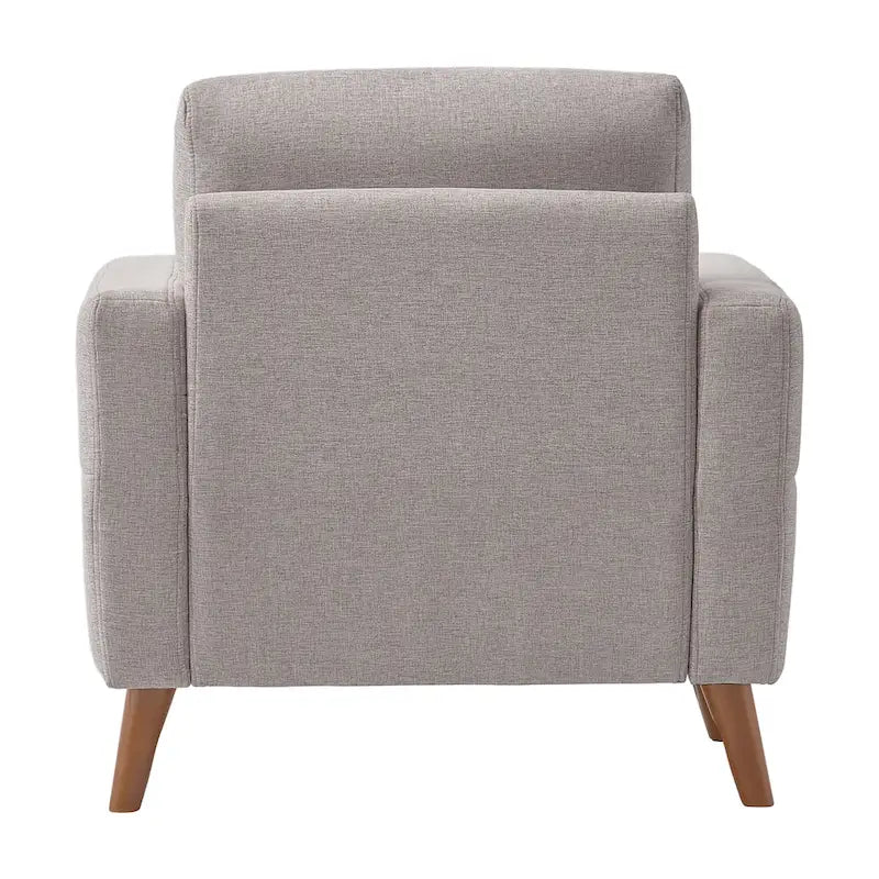 Lichtgrijze moderne fauteuil met uitlopende houten poten