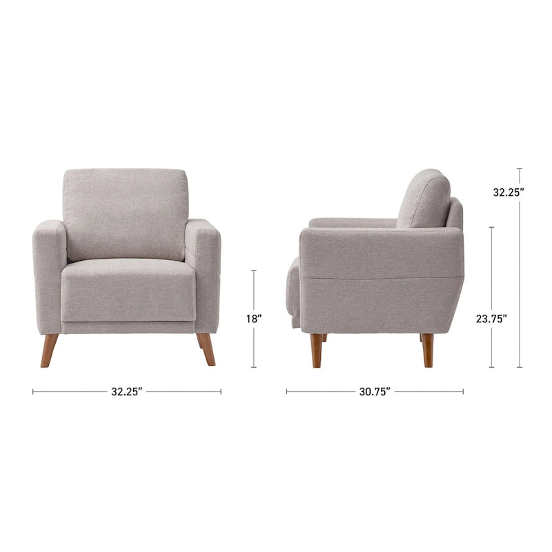 Lichtgrijze moderne fauteuil met uitlopende houten poten