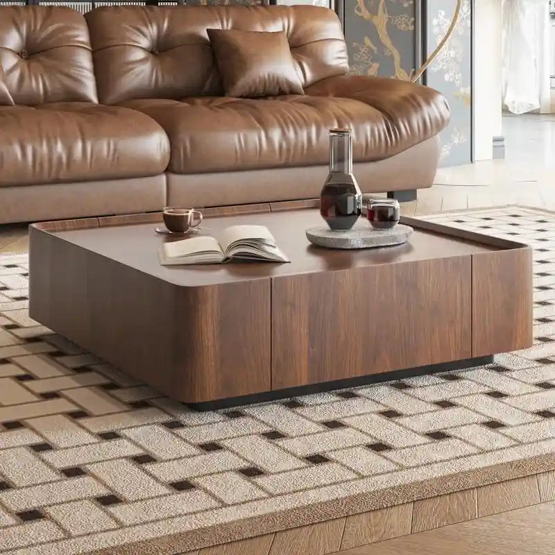Industrial Walnut Coffee Table with Hidden Drawers - 39.37x39.37x12.6