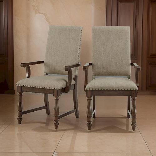 Tom 26 Inch Dining Armchair, Beige Polyester, Nailheads, Brown Solid Wood