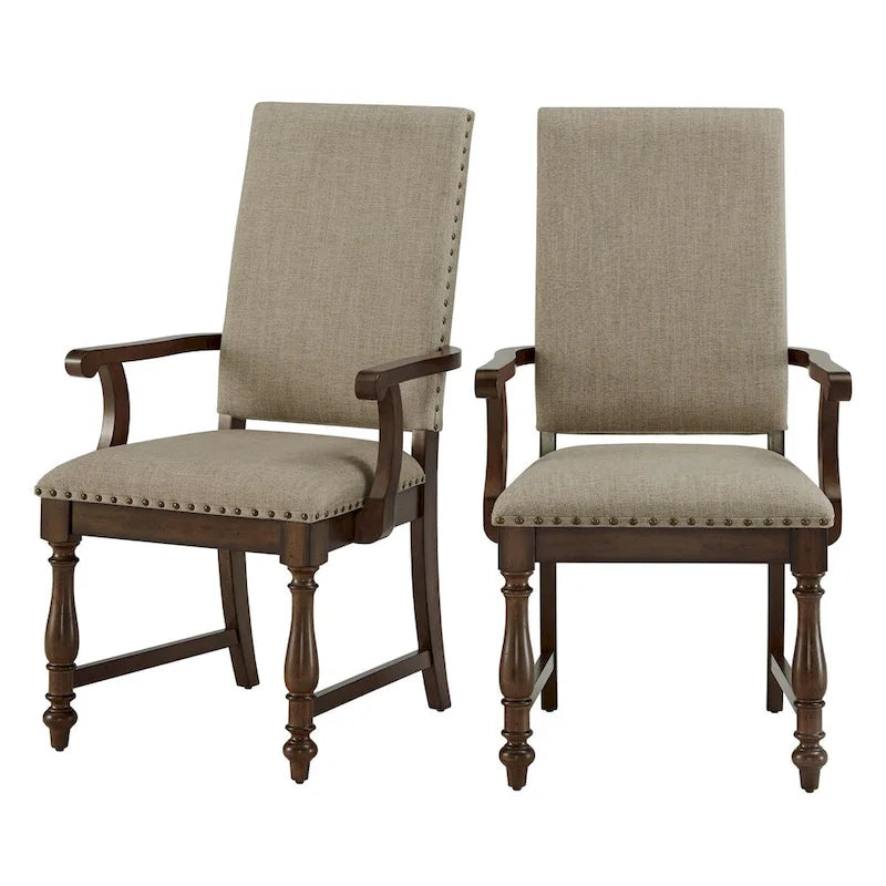 Beige Upholstered Wood Dining Armchair with Nailhead Trim