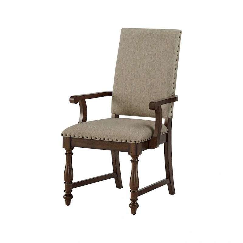 Beige Upholstered Wood Dining Armchair with Nailhead Trim
