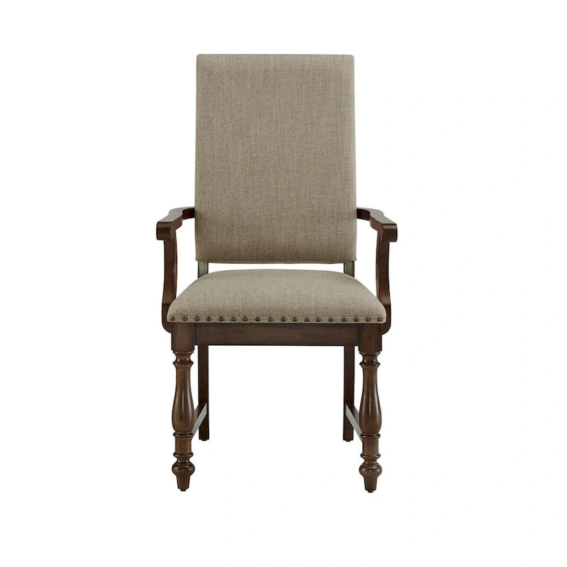 Beige Upholstered Wood Dining Armchair with Nailhead Trim