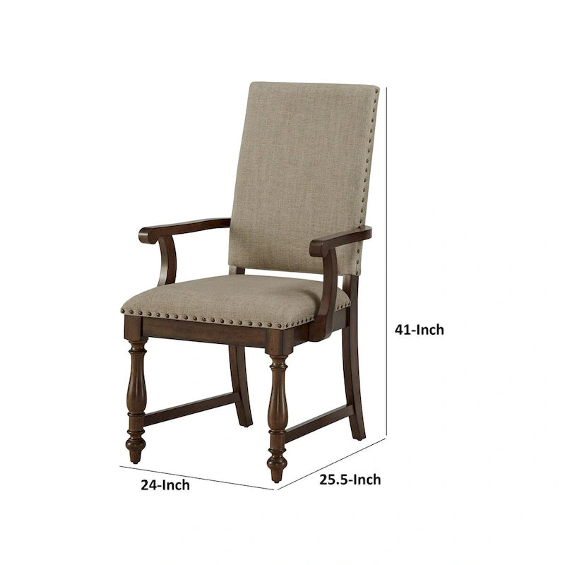 Beige Upholstered Wood Dining Armchair with Nailhead Trim