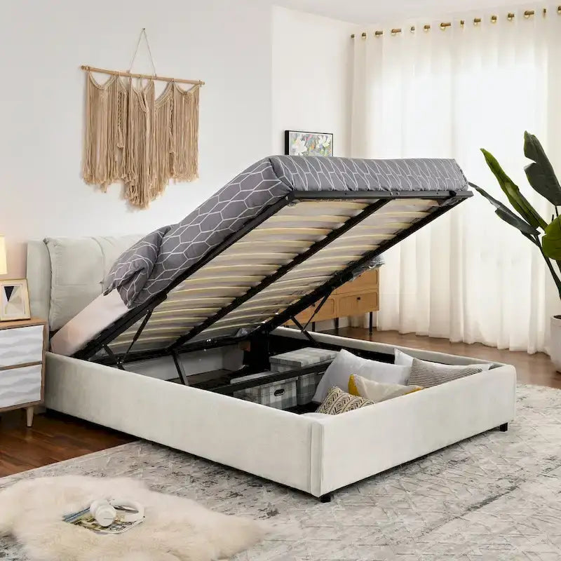 Queen Upholstered Hydraulic Storage Platform Bed