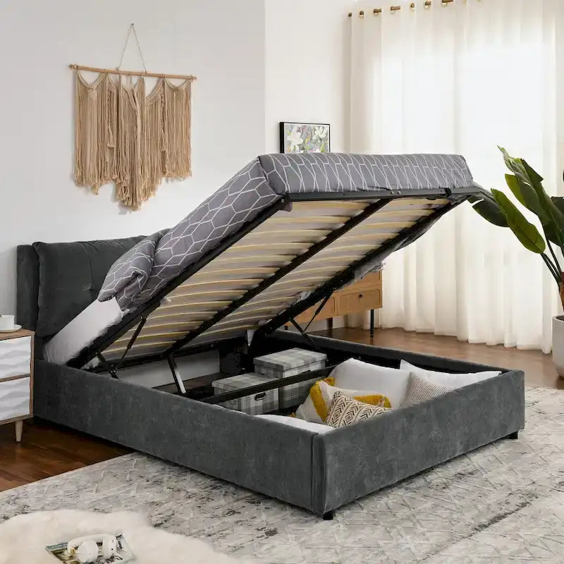 Gepolstertes hydraulisches Stauraum-Polsterbett, Queen-Size