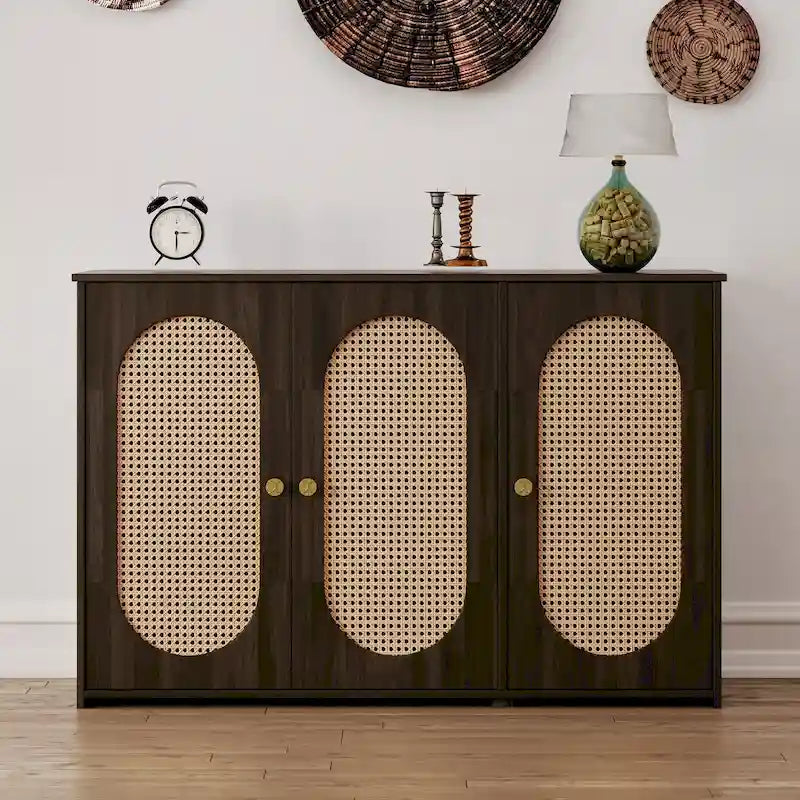 Three-Door Sideboard with Rattan-Style Panels and Metal Handles