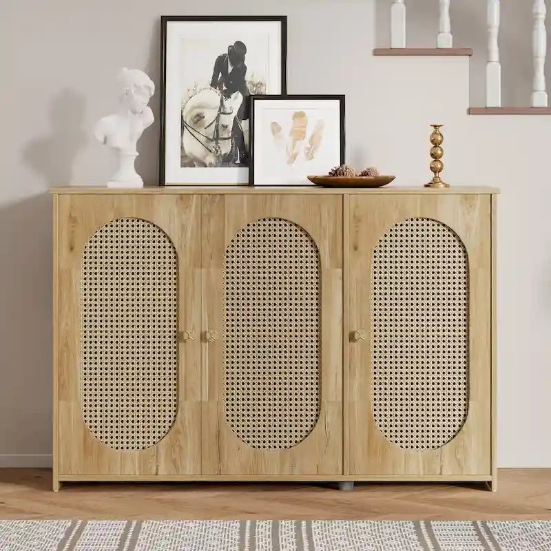 Three-Door Sideboard with Rattan-Style Panels and Metal Handles