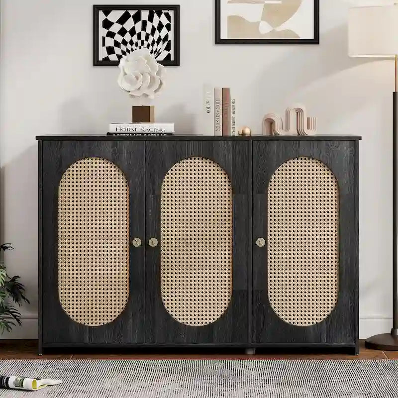 Three-Door Sideboard with Rattan-Style Panels and Metal Handles